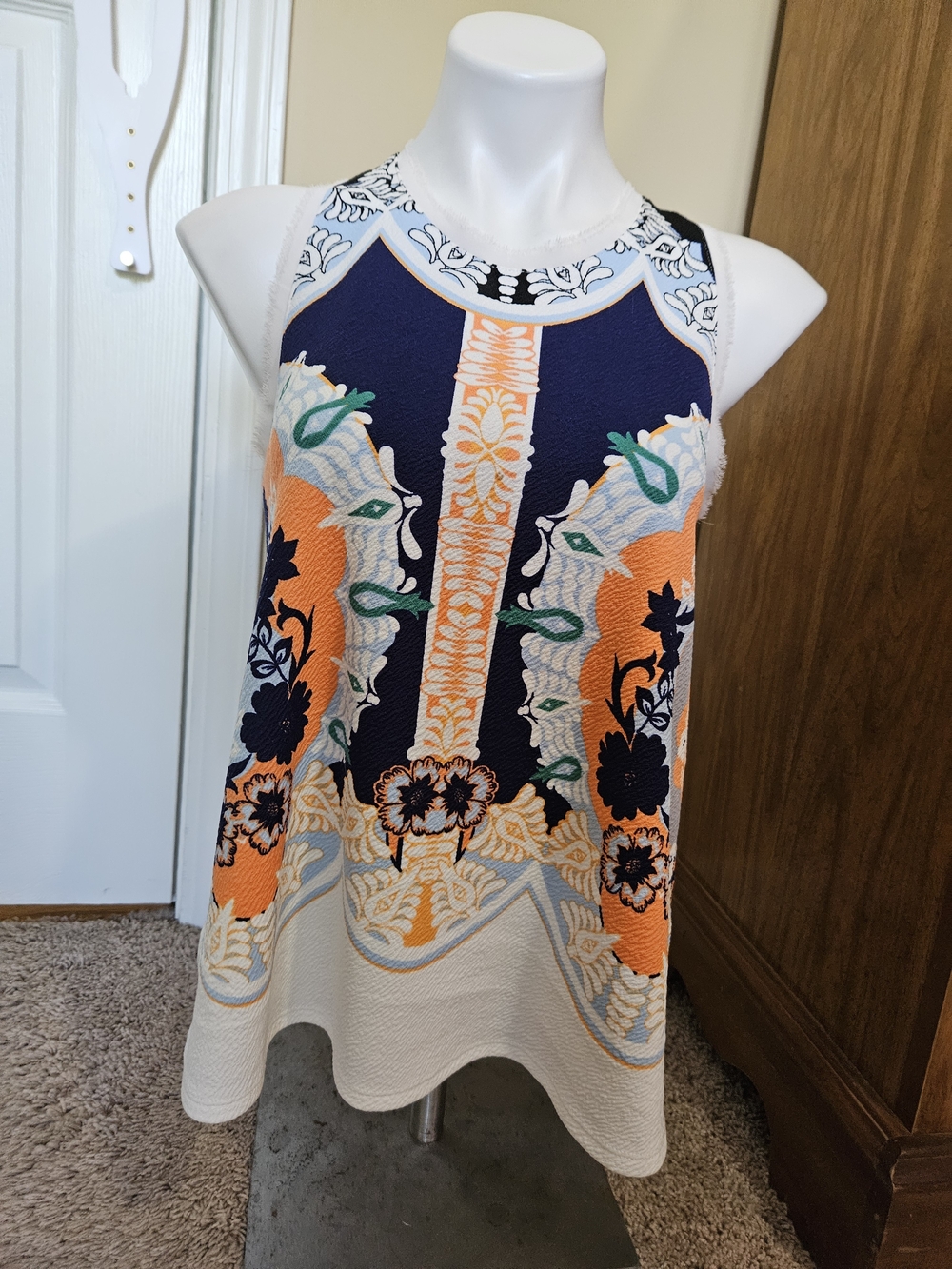 Women’s Printed Halter Tank Top in Navy, Orange & White